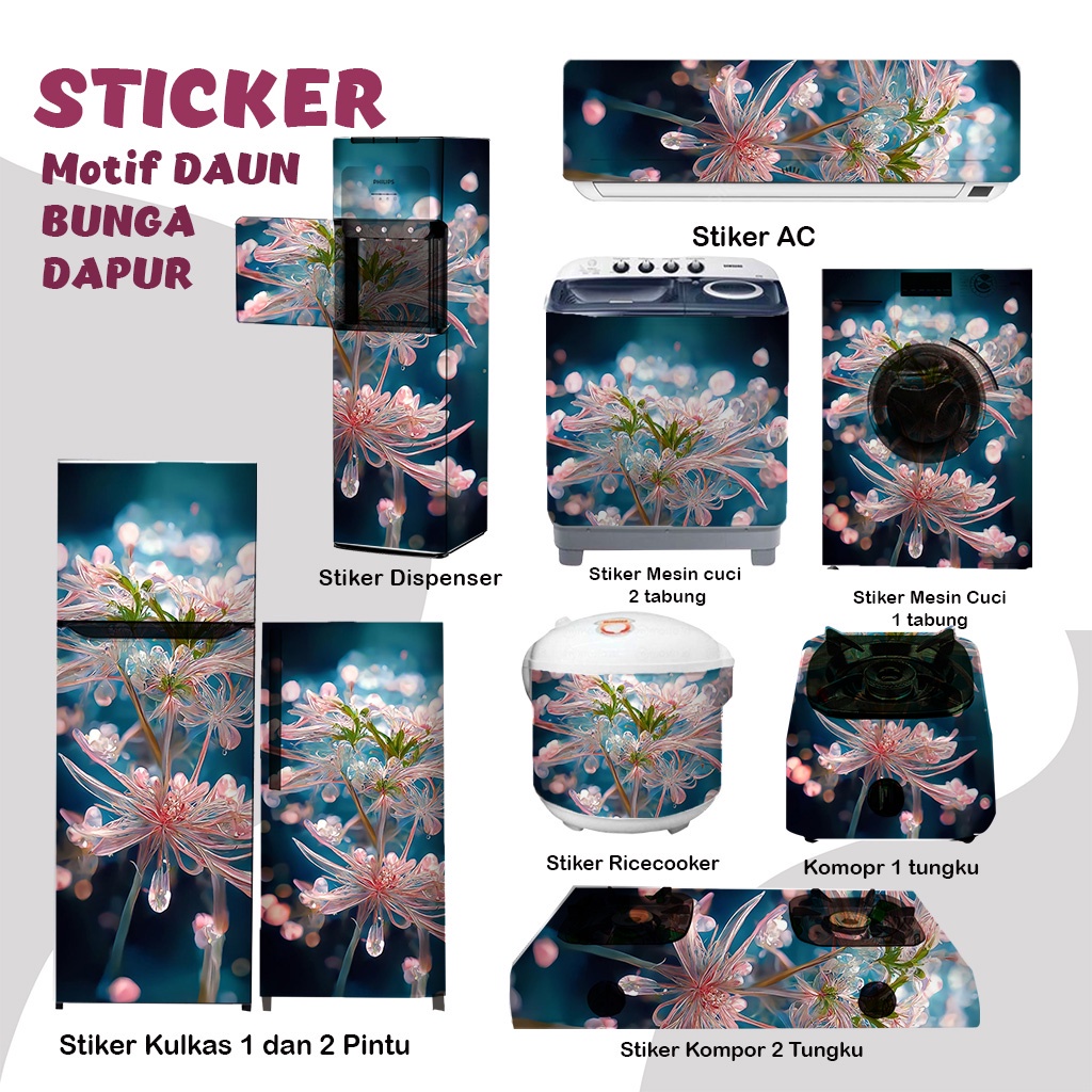 Stiker kulkas kompor mesin cuci 1 2 pintu tabung mata Rice Cooker Dispenser Ac Hitam Bunga Bunga