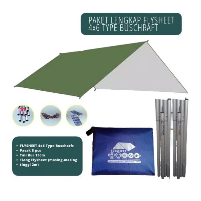 Paket flysheet 4x6 full set + pasak + tali + tiang flysheet bushcraft
