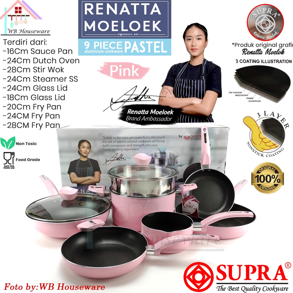 HARGA TERMURAH|| (FREE PACKING DUS + BUBBLE) panci set 9pcs renata moeloek / cookware set pastel pin