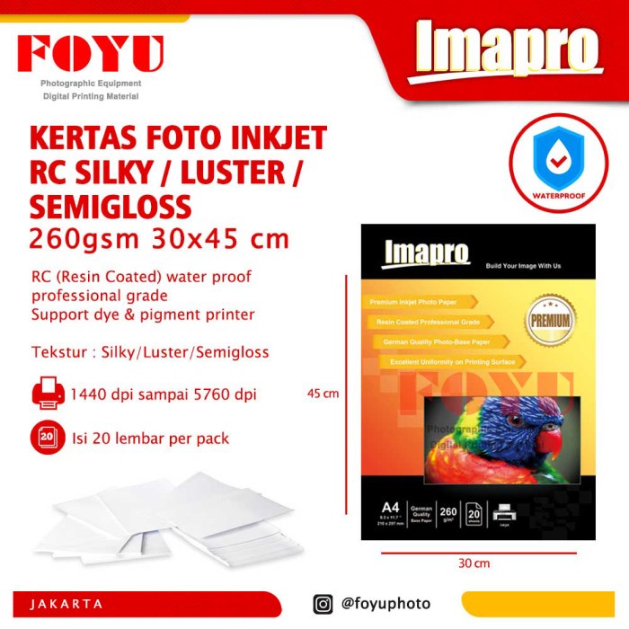 

Terlaris Kertas Foto Inkjet Imapro Professional Rc Silky Luster 260Gsm 30X45 Cm