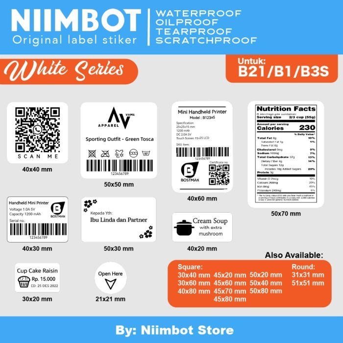 

Terlaris Label Stiker Niimbot B21 B1 B3S Sticker Thermal Refill Label - White