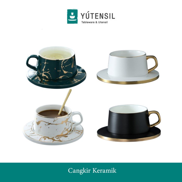 Cangkir Gelas Mug Cup Keramik Set Marble Hitam Putih Gold Kopi Teh