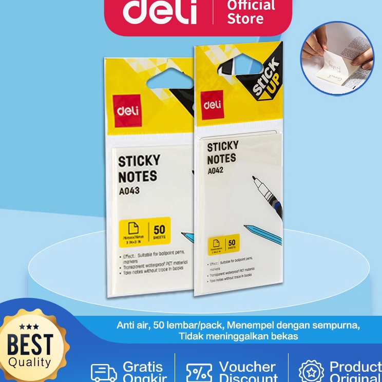 

♠ Deli Transparent Sticky Notes / Memo Tempel Transparan 76mm 50 lembar Anti Air EA04X