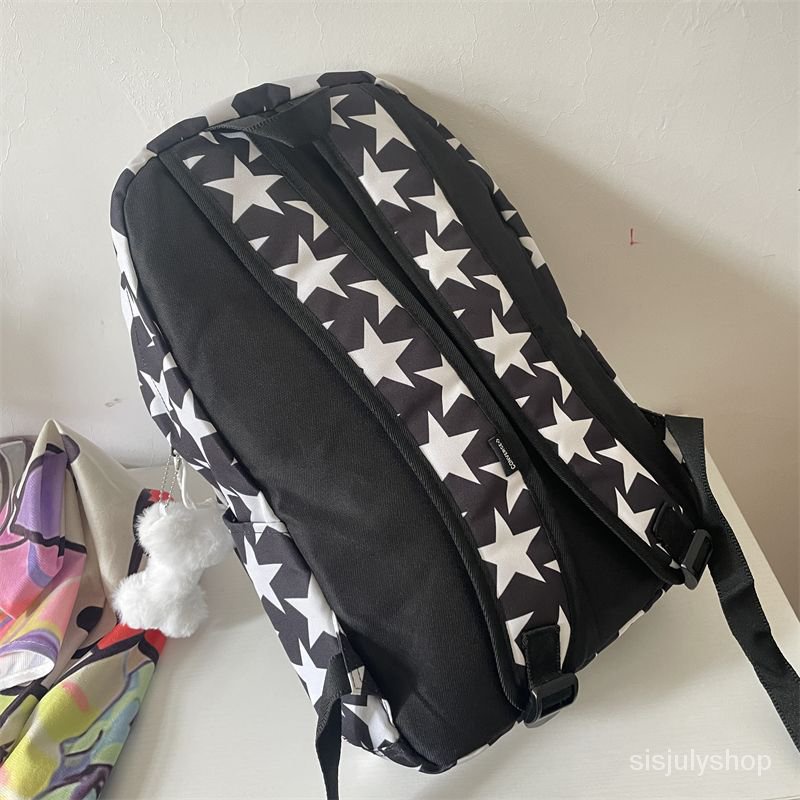 [✅BISA COD] #Sisjuly# Tas Y2K wanita / tas bahu hitam splicing bintang retro baru / tas bahu hitam gaya kampus / tas ransel perjalanan berkapasitas besar mahasiswa