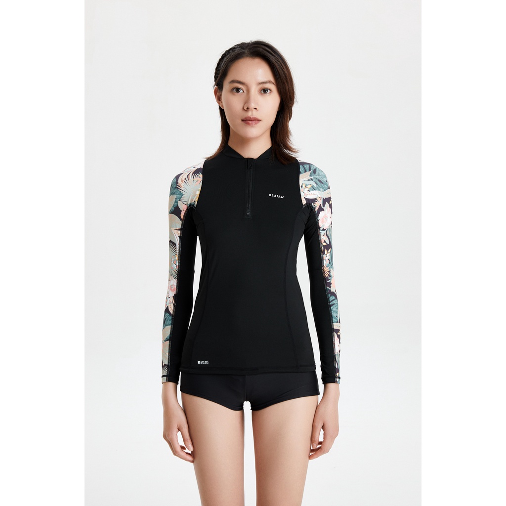 Decathlon OLAIAN Kaos Lengan Panjang Anti-UV Wanita Surf Top 500 - HITAM/MOTIF - 8798164