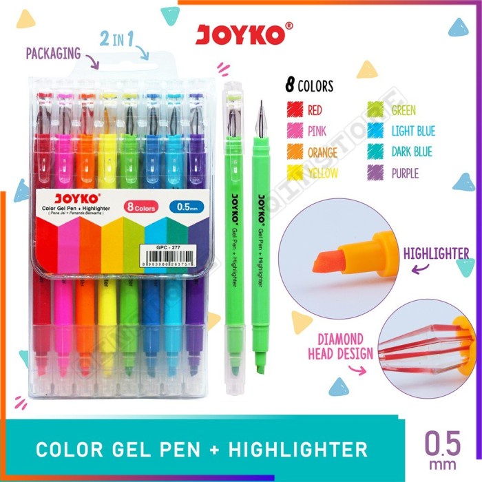 

Bestseller Color Gel Pen Pena Jel + Highlighter Penanda Joyko Gpc-277 8 Warna -