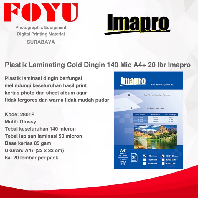 

Terkini.. Plastik Laminating Cold Dingin Pack 140 Micron A4+ 20 lbr Glossy 2801P DS9