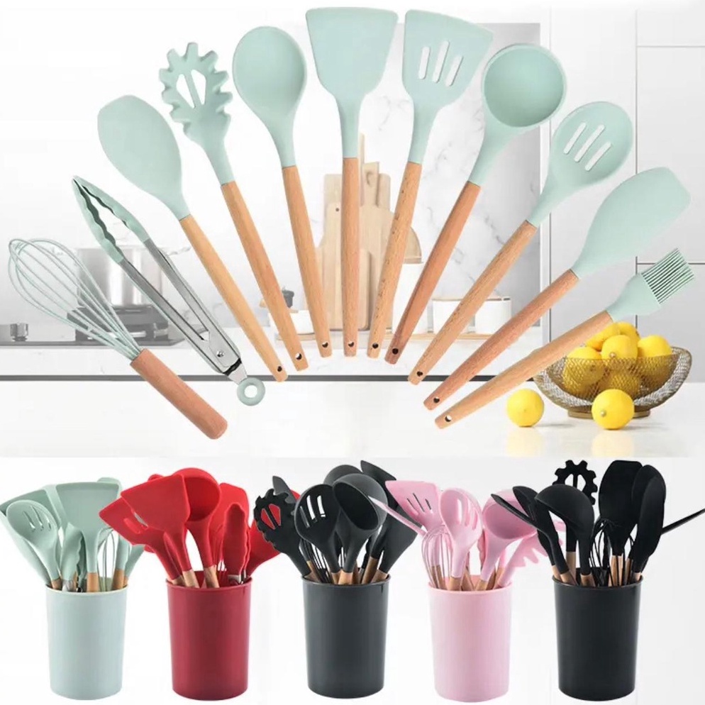 Paling Laris.. Silicone Utensil 11Pcs+Wadah Spatula Peralatan Masak Sutil Pegangan Kayu Baking Set A