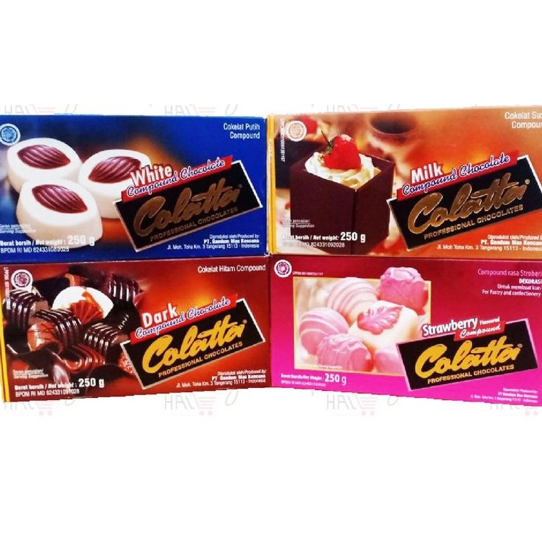 

Murah Coklat cokelat masak dark white milk strawberry compound chocolate colatta 250 gram 72
