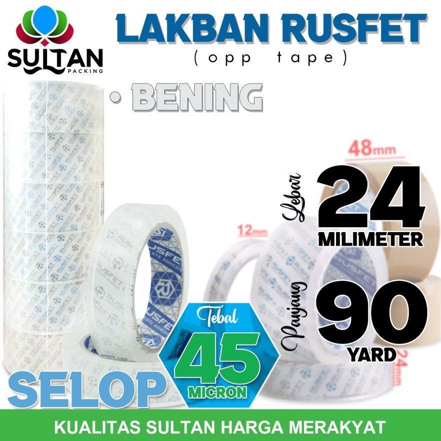 

Terlaris.. Lakban isolasi Solatip 24mm x 90yard OPP Tape RUSFET Plakban / SELOP ABE