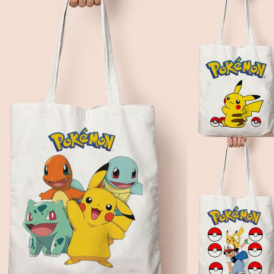 Terkini➢ QMMTO Totebag Tote Bag Pokemon Pikachu Lucu Tas Laptop Buku Sekolah Anak Goodie Bag Ultah U