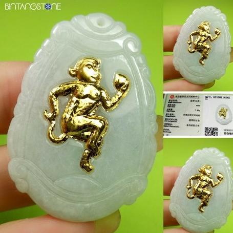 .........] Giok Emas Asli PURE GOLD 999 Sertifikat Shio Monkey Jadeite Burma