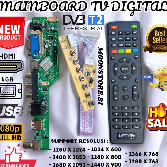 Terlaku.. MAINBOARD TV DIGITAL LCD LED UNIVERSAL DENGAN KABEL SENSOR & REMOTE TV UNIVERSAL