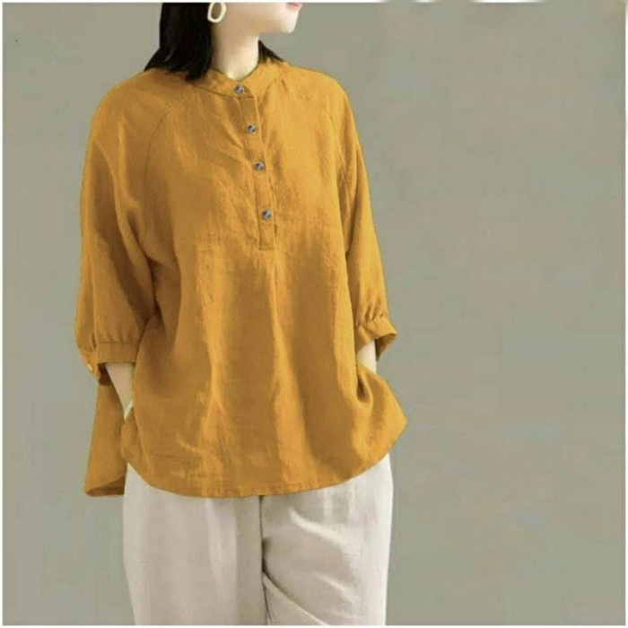 BLUS WANITA CERIA SHIRT LD 120 BAHAN LINEN - mustard, All Size W0Y2 blouse wanita korea casual keren