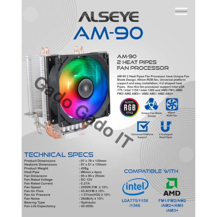 Kipas Heatsink Fan Processor ALSEYE AM-90 TOWER CPU COOLER 2 Heatpipe