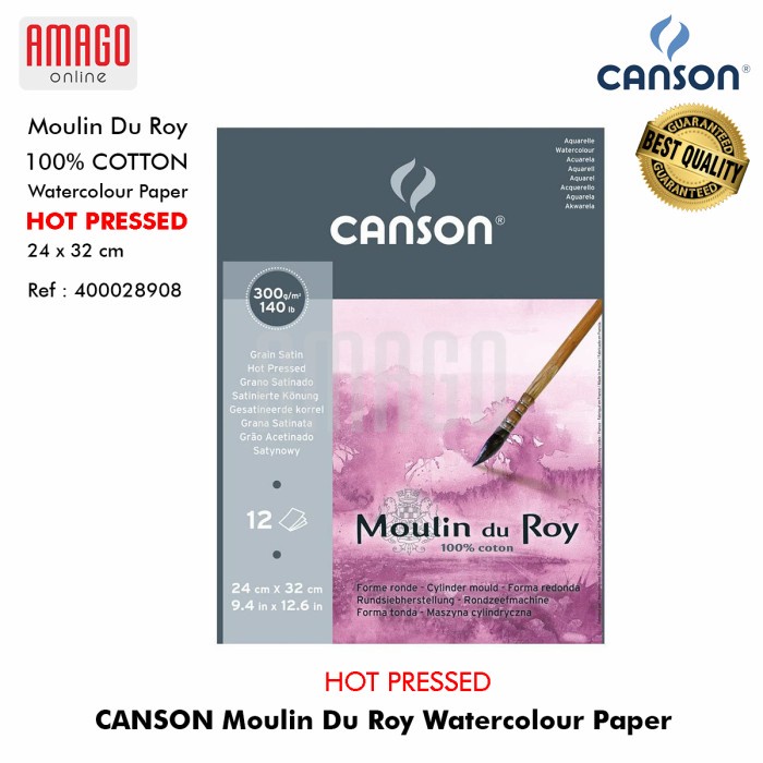 

Terlaris Kertas Canson Moulin Du Roy Watercolour Hot Pressed 300Gr 24X32Cm Pad