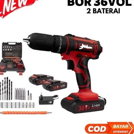 Yukido Bor Cordless 36V/Bor 2 Baterai/Bor Set Koper+Mata Bor+Obeng