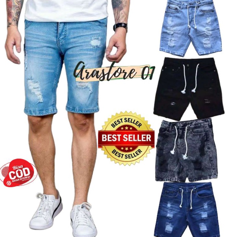 ⇥ Celana Pendek Pria / Celana Jeans Pendek Sobek Pria Distro Jumbo 27-38 Tali Kolor /  Celana Sobek 