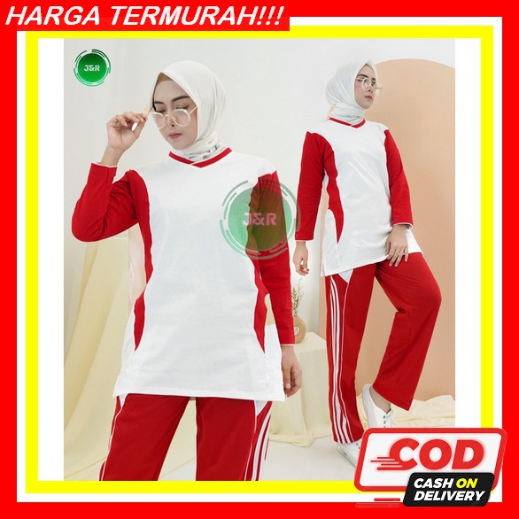 Kaos Lengan Panjang Cewek Dirgahayu Indonesia Setelan Senam Merah Putih Promo Merdeka Agustusan Sete