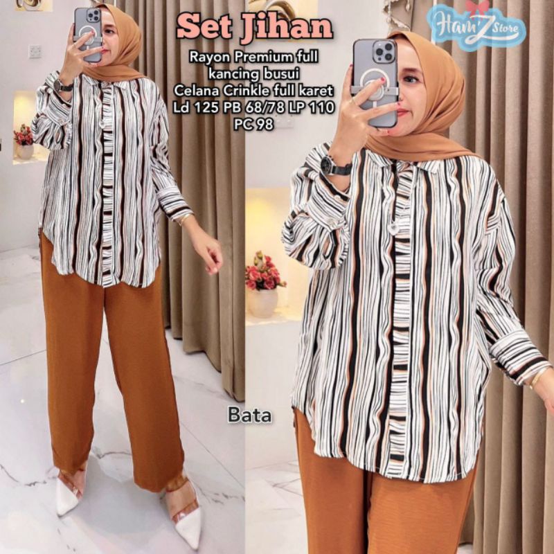 SET JIHAN/ BLOUSE KEMEJA MOTIF CELANA POLOS PREMIUM ORI HAMZ