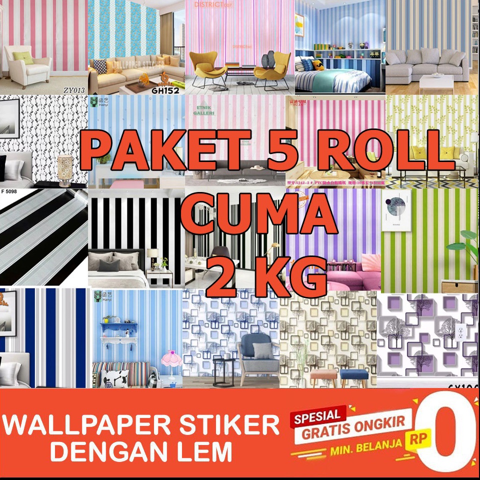 BIG SALE. [COD] Promo Termurah  Paket 5 Roll Wallpaper Stiker Dinding | Walpaper Dinding Motif Salur
