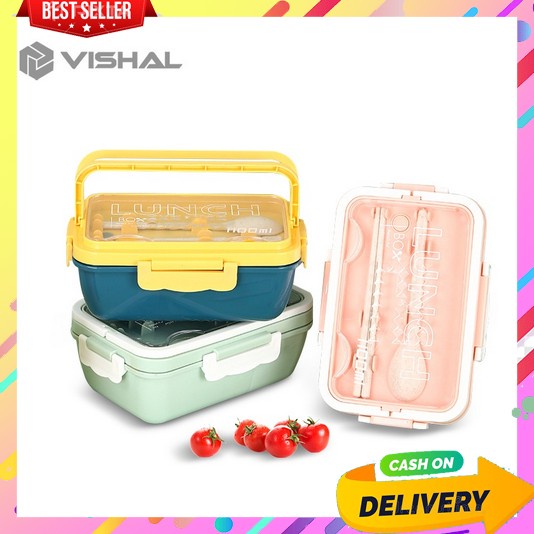 Lunch Box Set Anak Sekolah Paper Stainless Steel 1 Anti Tumpah Bento 1Set Sekat Karakter Lucu Tertut