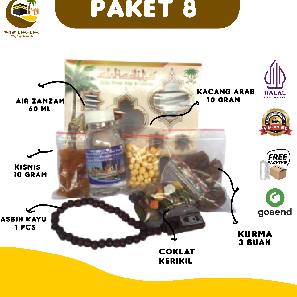 

8.8 Paket 8 oleh oleh haji dan umroh air zamzam ori + Coklat krikil + Tasbih kayu