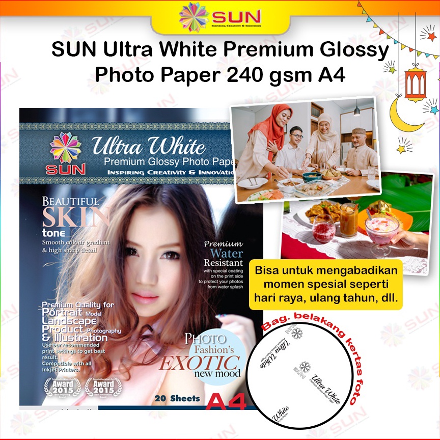 

[IE0] Kertas Foto Glossy Ultra White A4 210/240 gsm - SUN Ultra White Premium Glossy Photo Paper A4 Ketebalan 210 , 240 gsm ( Support epson/canon/hp/brother ori (dye ) - 664, 003, 673, 001 ) hlknt