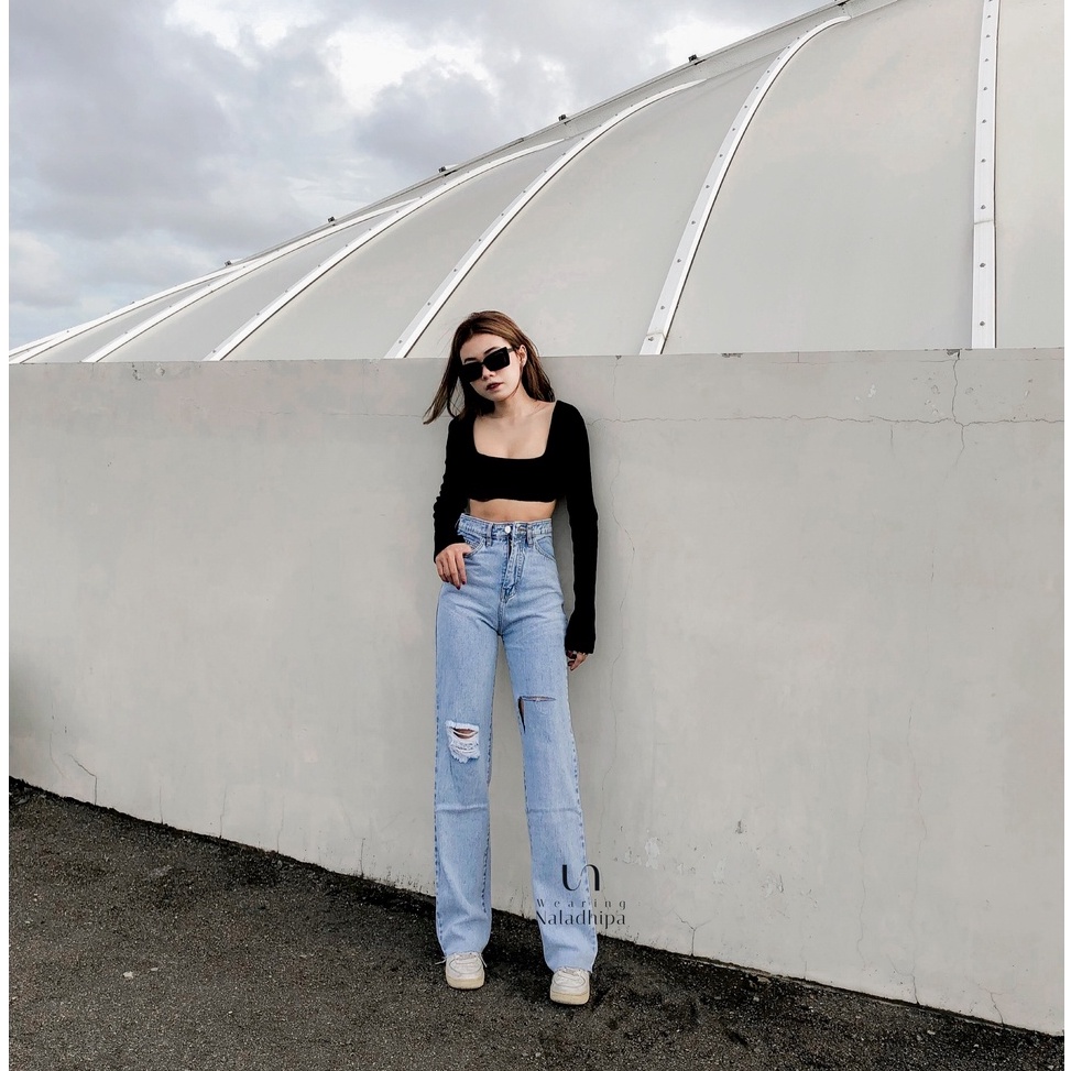 MURAH. Nara Pants Ripped  Snowblue Jeans - Highwaist Loose Ripped Jeans