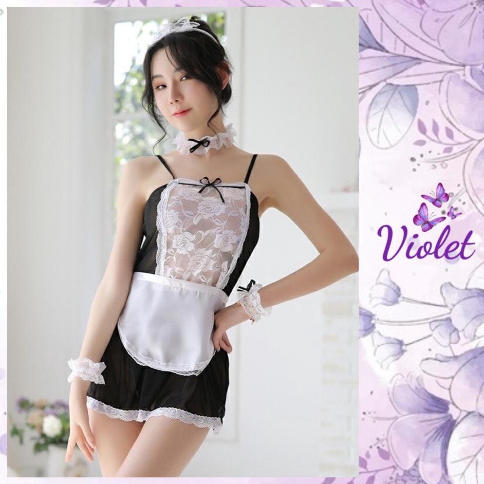 LANGSUNG ATC. Violet Lingerie Set Seksi Cosplay Pelayan Renda Transparan (TANPA STOKING) 1018