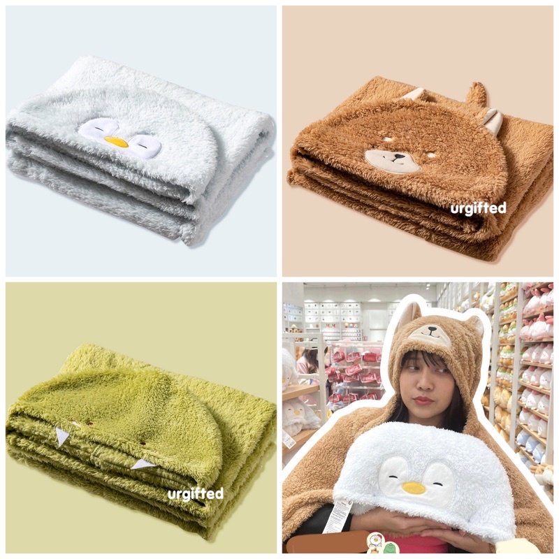 Denpasar COD BALI MINISO Plush Blanket with Hat Selimut Dinosaur Selimut Penguin Selimut Shiba Inu S