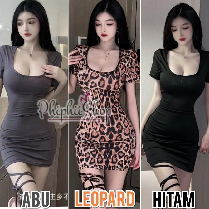 Sexy Mini Bodycon Dress Motif Macan Leopard Hitam Polos Model Tali
