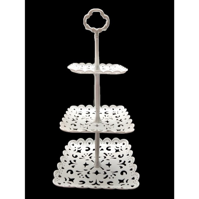 Rak Susun Plastik Segi Empat Kue 3 Tier Stand White Cup Cake Tray