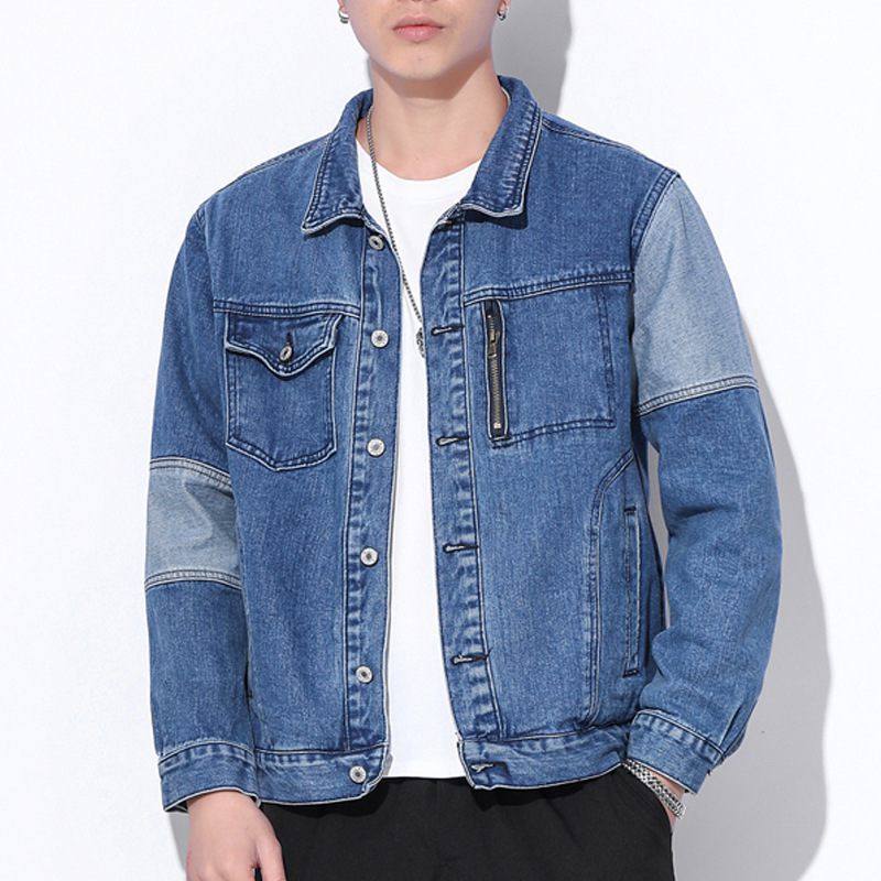 ❤Nice Pop Fashion Patchwork Denim Jacket Men Casual Loose Blue Cargo Coat Man's Jaket Japan Street D
