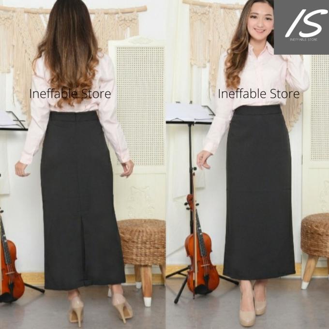 Rok Span Panjang Lurus Lipit Belakang - Hitam