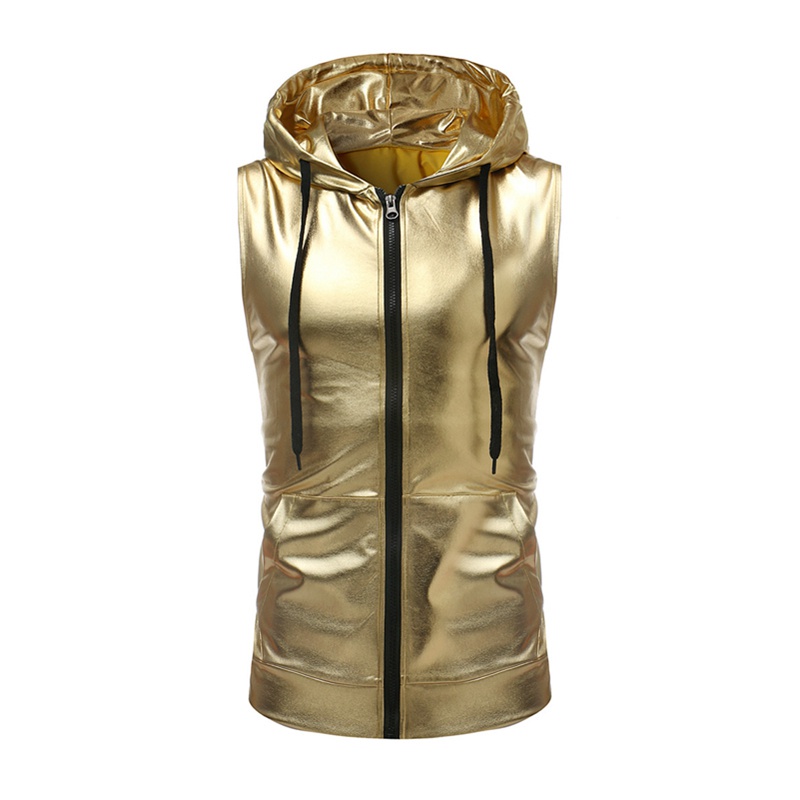 ❤Men Shiny Silver Gold Metallic Nightclub Party Dance Zipper Sleeveless Hoodie jacket Zipper Cardiga