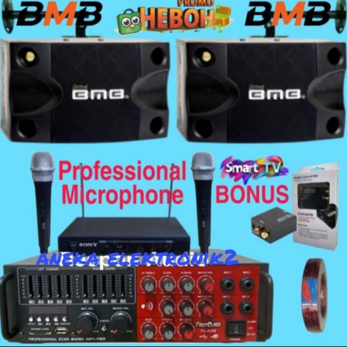 PAKET KARAOKE SOUND SYSTEM SPEAKER BMB 8" + AMPLIFIER DAN MIC WIRELESS