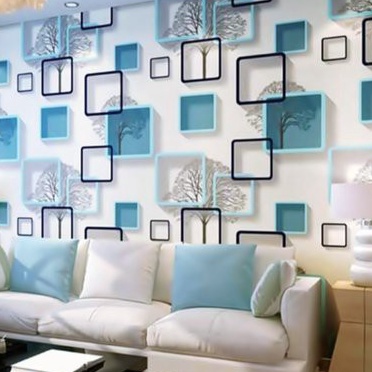 ➲GIS Wallpaper Dinding Kamar Tidur Ruang Tamu 3D POHON KOTAK BIRU Walpaper Stiker Dekorasi Rumah Murah ❀ ✵ `