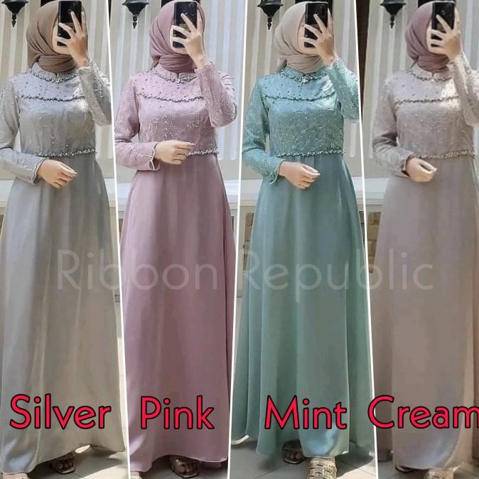 Baju Dress Gamis Satin Lace Brukat Pakaian Muslim Wanita Lebaran Pesta