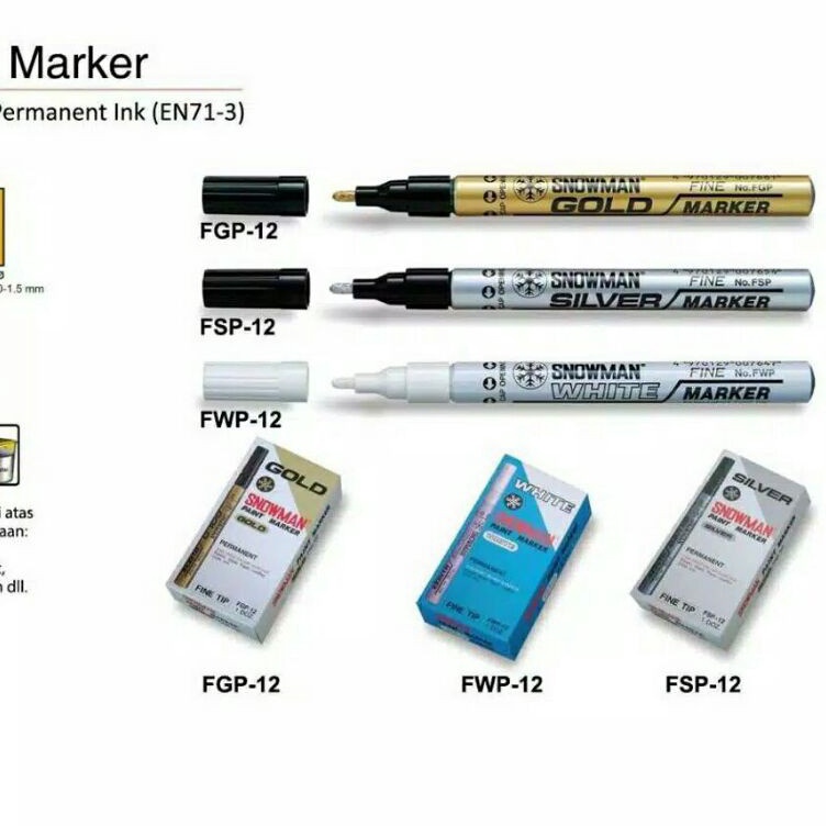 

Baru Spidol Snowman Permanen Marker Fine Tip Gold FGP-12 Silver FSP-12 White FWP-12 Murah Banget