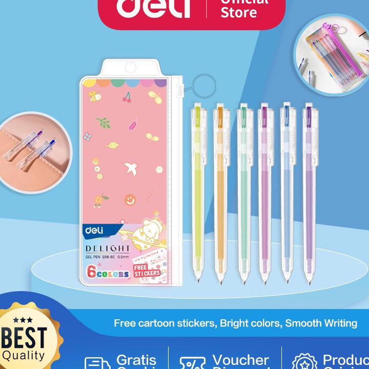 

࿐ D 8948 Deli School Gel Pen / Pulpen Gel 0.5 mm 6 Warna Retracable Gratis Sticker Lucu EG118-6C Terbaru ♢