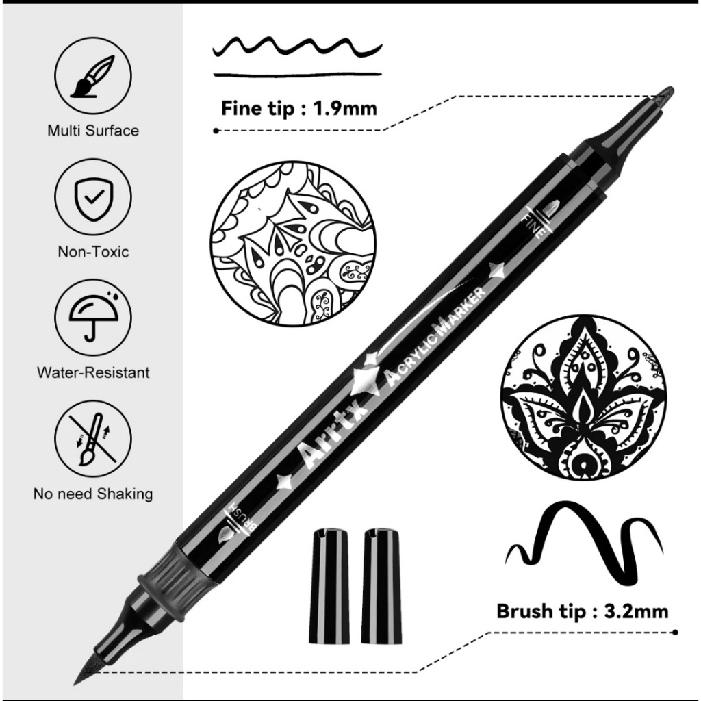 

PT5 ARRTX STAINED PENEBAL CRAYON KRAYON BRUSH DUAL TIP SHARPIE SATUAN HITAM 3.2 / 1.9 MM PK4