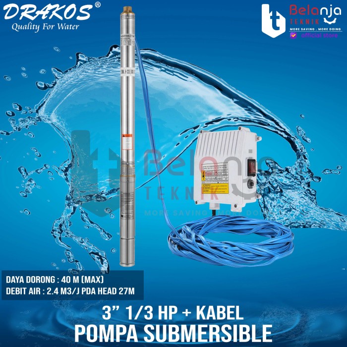 Drakos Submersible Pump 3Inch 1/3 HP Pompa Air Satelit Celup dan Kabel keren