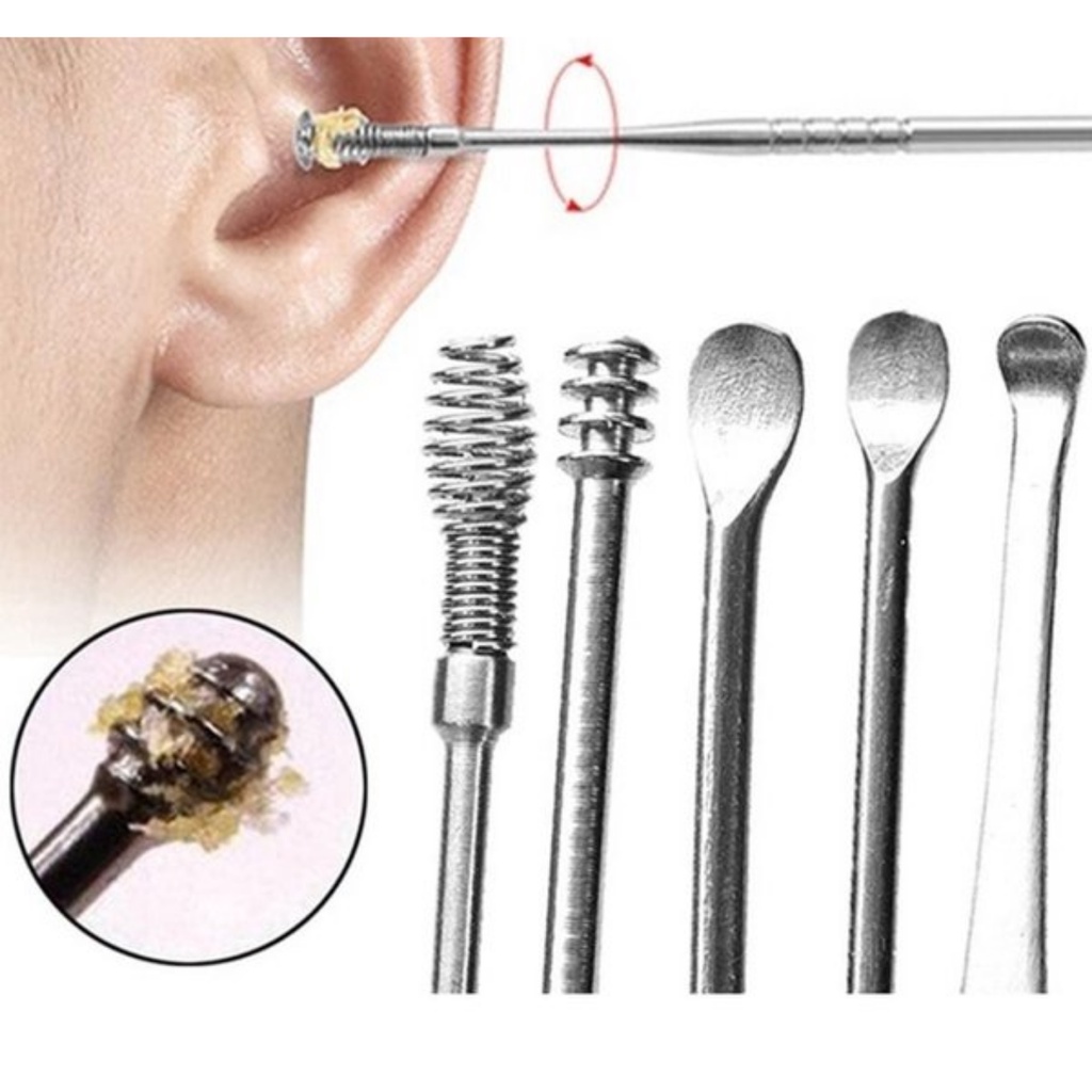 ALAT PEMBERSIH KOTORAN TELINGA KOREK KUPING STAINLESS EAR CLEANER KOTORAN SET ISI 5 ANTI KARAT WAX BESI