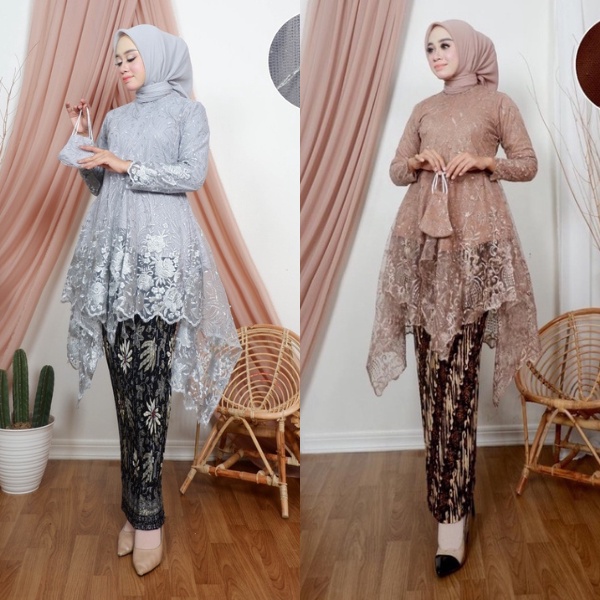 Setelan Kebaya Modern Tulle Bordir Azalea Kebaya Wisuda Tunik Jubrai Busui Mocca Set Rok Plisket Bat