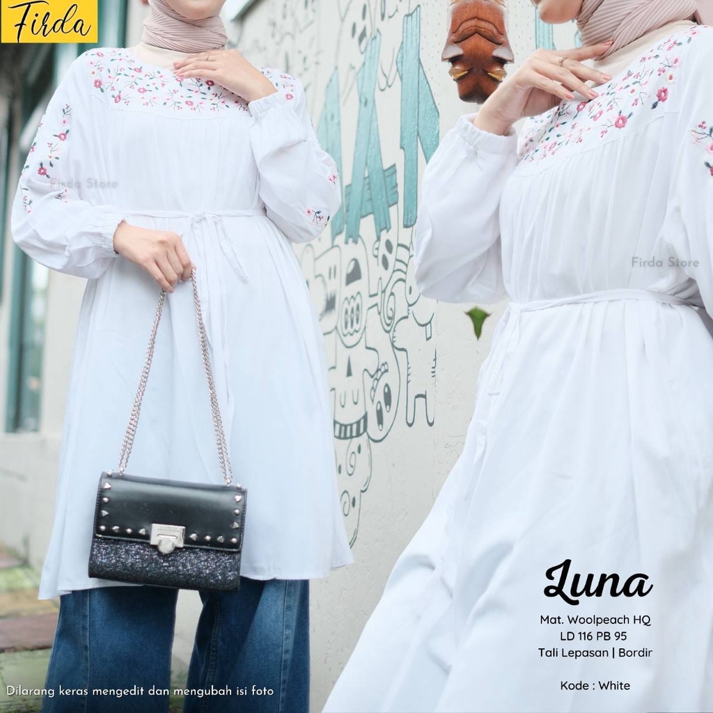 Luna Tunik Firda Atasan Wanita Lengan Panjang Warna Putih Jumbo Bigsize LD 116 XXL Bahan Wollpeach I