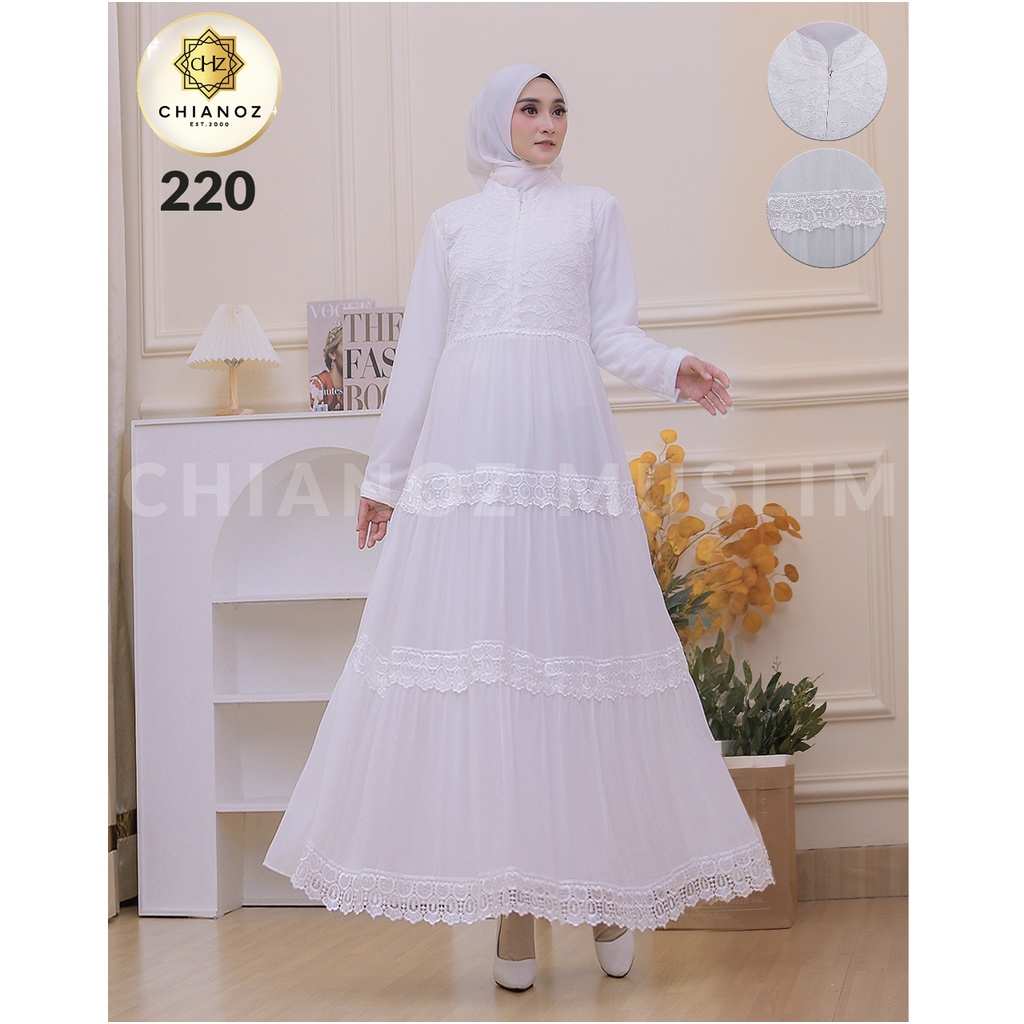 CHIANOZ Gamis Putih Mewah Amelia Dress Brukat Renda Baju Lebaran Umroh Haji Manasik Pesta Akad 220 504