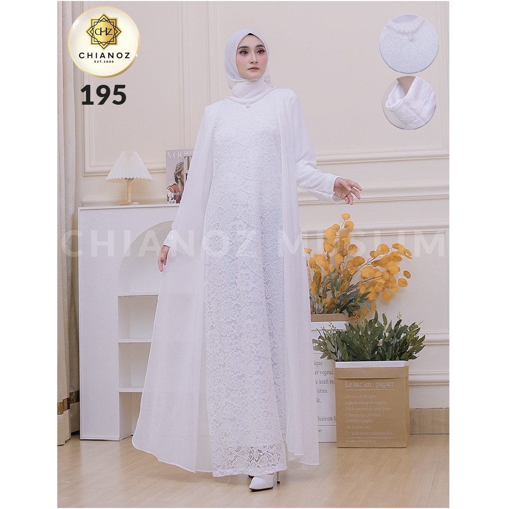 CHIANOZ Gamis Putih Mewah Diana Dress Brukat Renda Baju Lebaran Umroh Haji Manasik Pesta Akad 195