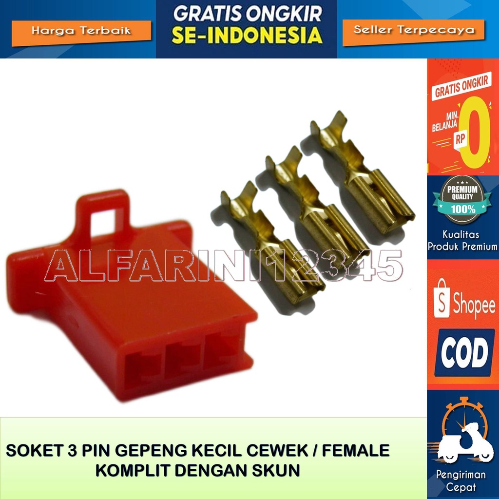 Soket Kabel Gepeng 3 Pin kecil Cewek Female Original Komplit Dengan Skun Warna Merah Bahan Nylon Tah