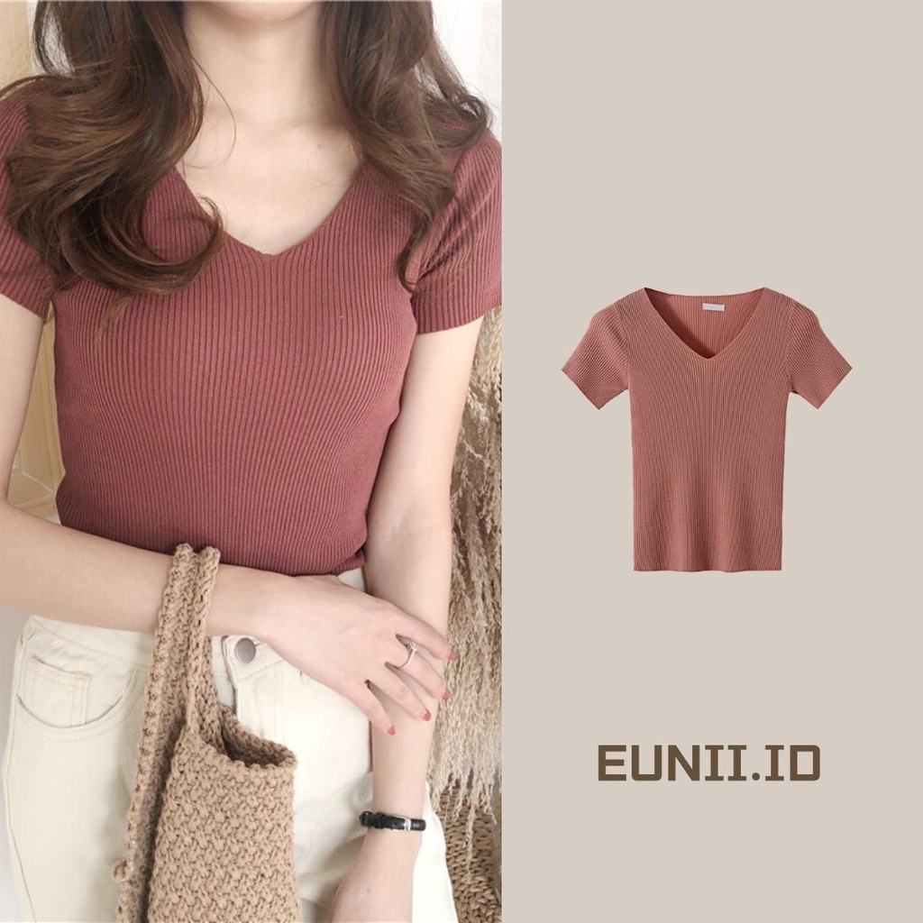 EUNII Kaos Rajut Lengan Pendek Knit T-shirt Wanita V neck Basic Color Korean Style Atasan